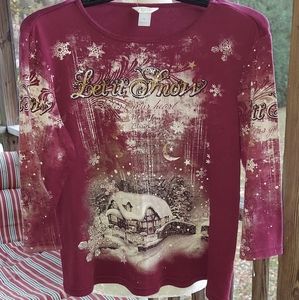 Womans Shirt Top T-Shirt Winter Scene Let It Snow Cabin & Poem size Medium